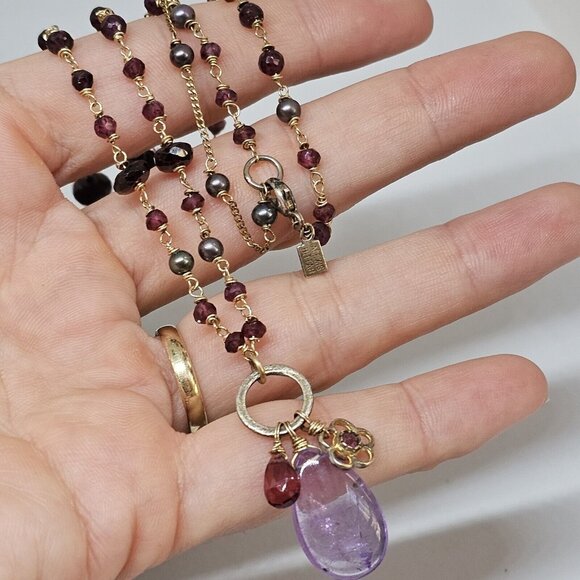 Alexis Bittar 925 Silver Vermeil Amethyst Garnet & Gray Pearl Stones Necklace - Picture 8 of 12
